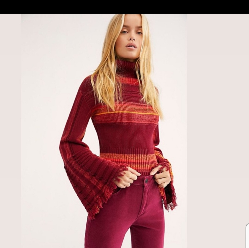 Free People Close to Me Red Berry Turtleneck Striped Sweater w/Bell Sleeve Small